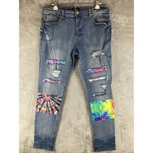Novamen Jeans Womens Size 36 Blue Denim Stretch Patchwork Splatter Tie Dye Hippy